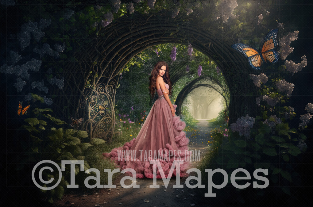 Enchanted Forest Digital Backdrop - Path in Fantasy Forest Garden with Butterflies - Floral Arch Pathway - Cascading Flowers in Garden -  Digital Background JPG