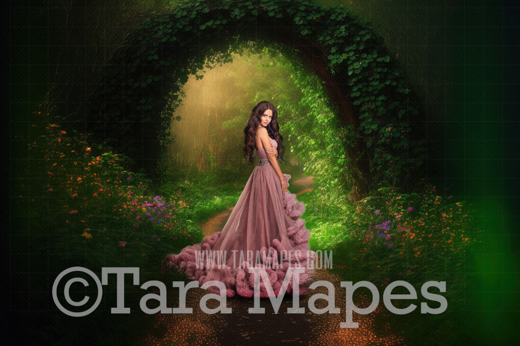 Enchanted Forest Digital Backdrop - Path in Fantasy Forest Garden - Floral Arch Pathway - Cascading Flowers in Garden -  Digital Background JPG