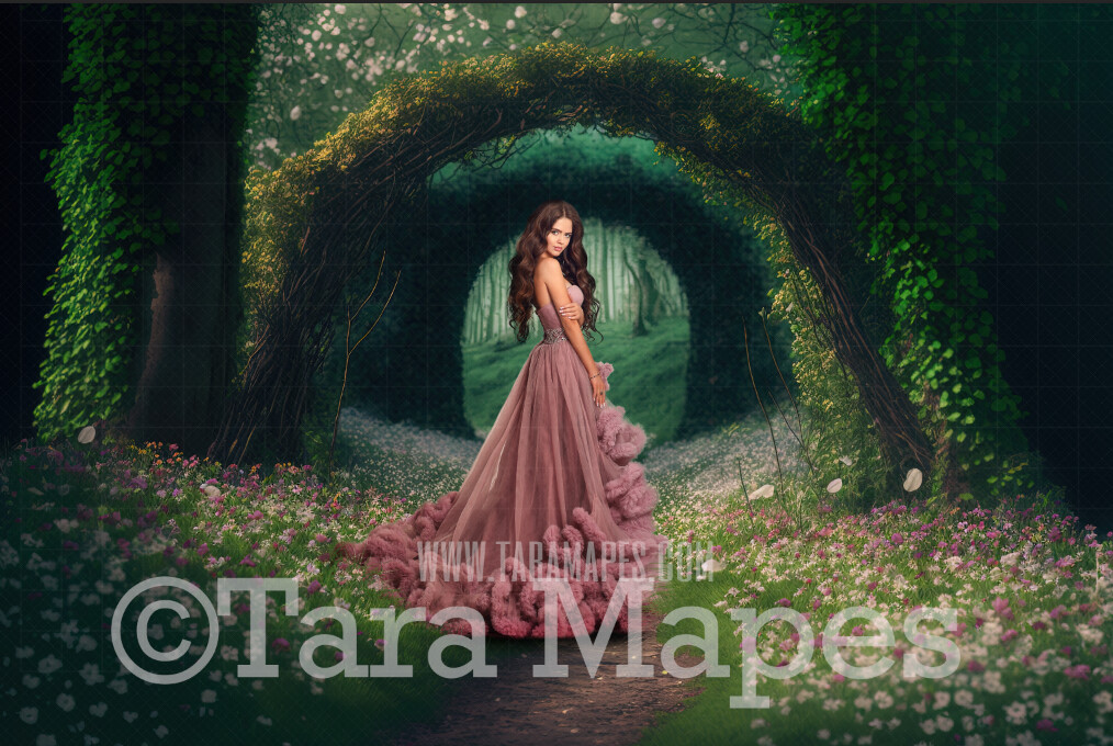 Enchanted Forest Digital Backdrop - Path in Fantasy Forest Garden - Floral Arch Pathway - Cascading Flowers in Garden -  Digital Background JPG