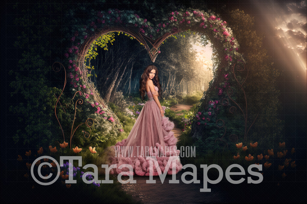 Floral Heart Path Digital Backdrop -  Valentine Forest with Magical Path Leading to Heart Arch of Flowers - Valentine Floral Forest - Fairytale Valentine Arch of Flowers Digital Background JPG