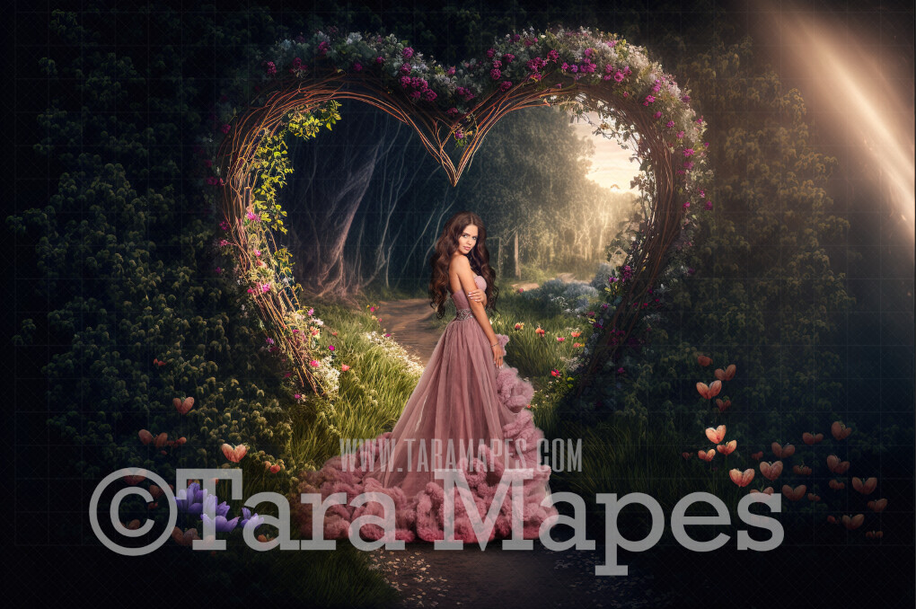 Floral Heart Path Digital Backdrop -  Valentine Forest with Magical Path Leading to Heart Arch of Flowers - Valentine Floral Forest - Fairytale Valentine Arch of Flowers Digital Background JPG