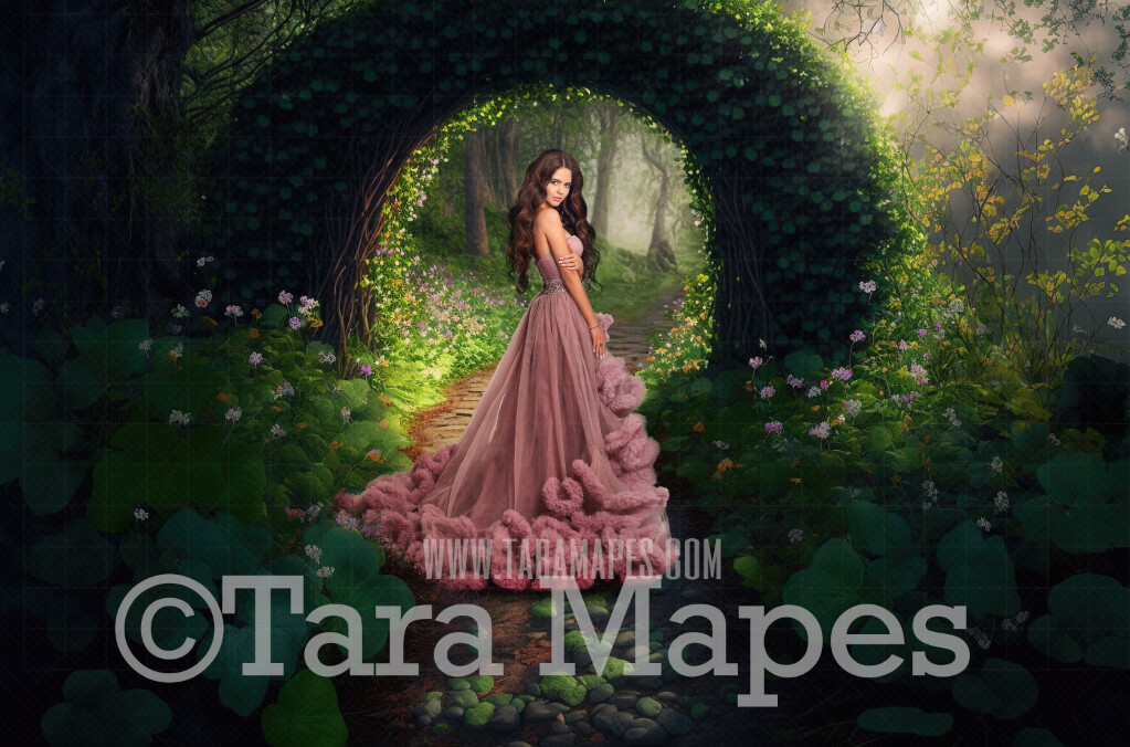 Enchanted Forest Digital Backdrop - Path in Fantasy Forest Garden - Floral Arch Pathway - Cascading Flowers in Garden -  Digital Background JPG