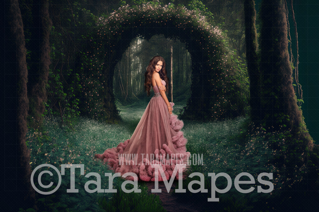Enchanted Forest Digital Backdrop - Path in Fantasy Forest Garden - Floral Arch Pathway - Cascading Flowers in Garden -  Digital Background JPG