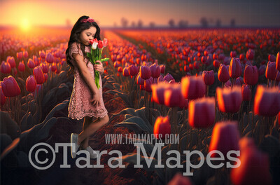 Field of Tulips Digital Backdrop - Path in Field of Tulips - Flower Field - Tulips  Digital Background - JPG