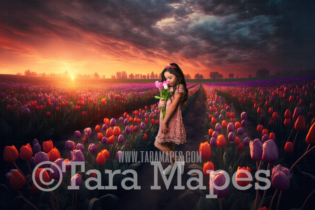Field of Tulips Digital Backdrop - Path in Field of Tulips - Flower Field - Tulips  Digital Background - JPG