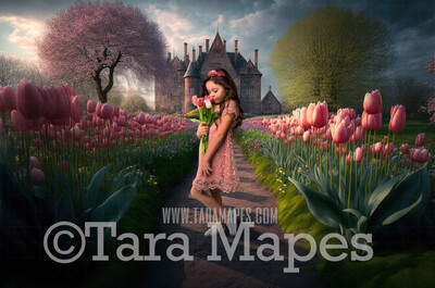 Castle Path Digital Backdrop - Path Leading to Magical Castle - Castle with Flowers Digital Background JPG