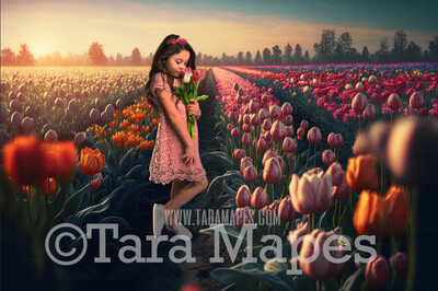 Field of Tulips Digital Backdrop - Path in Field of Tulips - Flower Field - Tulips  Digital Background - JPG