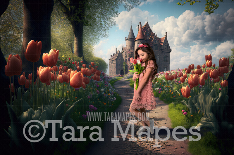 Castle Path Digital Backdrop - Path Leading to Magical Castle - Castle with Flowers Digital Background JPG