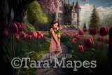 Castle Path Digital Backdrop - Path Leading to Magical Castle - Castle with Flowers Digital Background JPG