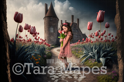 Castle Path Digital Backdrop - Path Leading to Magical Castle - Castle with Flowers Digital Background JPG