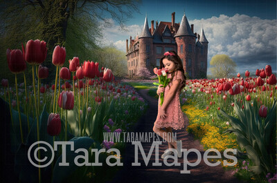 Castle Path Digital Backdrop - Path Leading to Magical Castle - Castle with Flowers Digital Background JPG