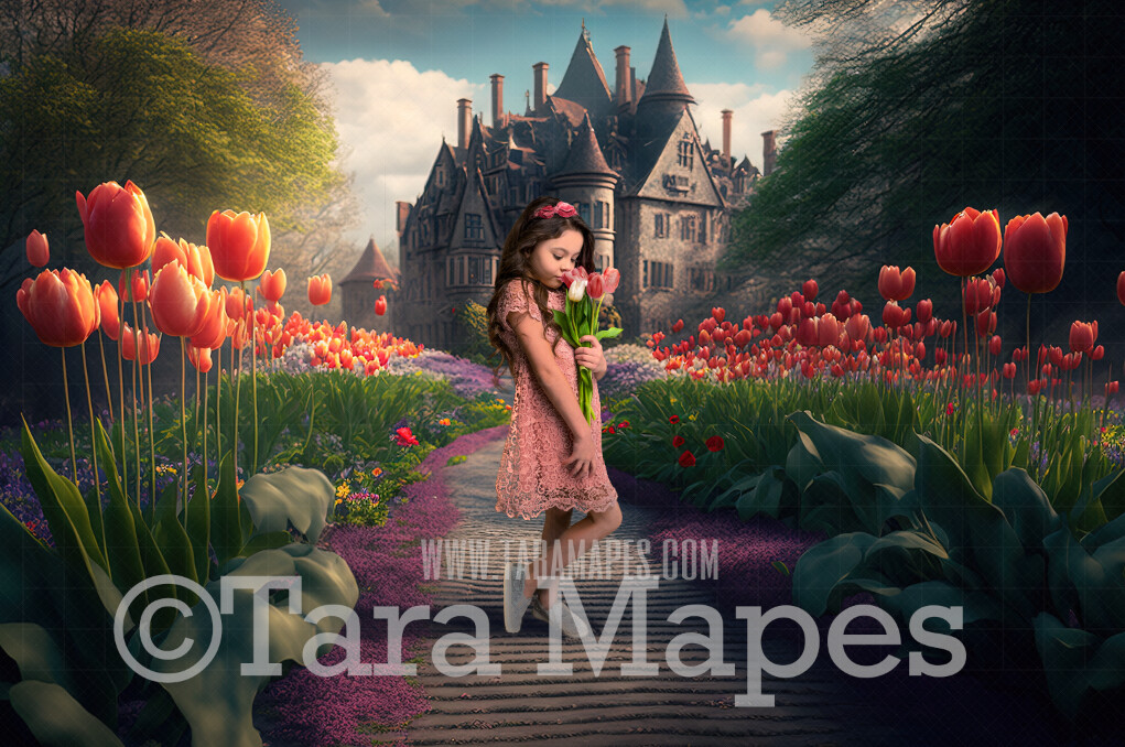 Castle Path Digital Backdrop - Path Leading to Magical Castle - Castle with Flowers Digital Background JPG