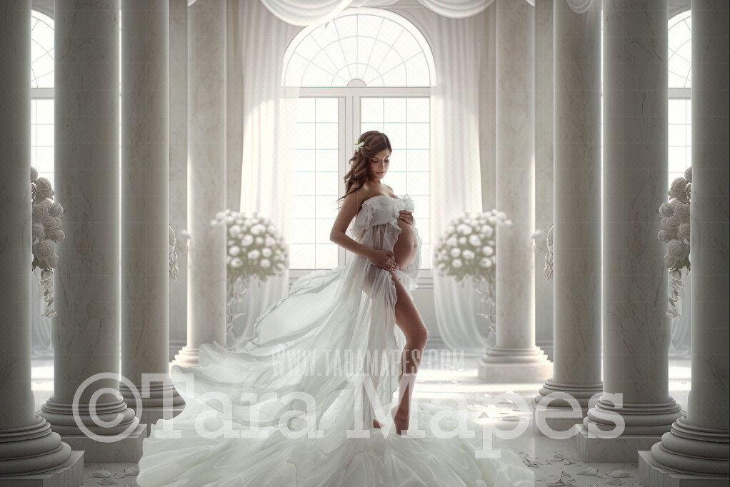 White Room Digital Backdrop - White Room with Pillars and Curtains- White Room with White Roses - White Room with Windows Digital Background JPG