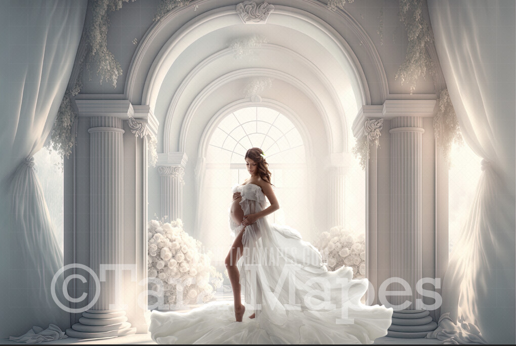 White Room Digital Backdrop - White Room with Pillars and Curtains- White Room with White Roses - White Room with Windows Digital Background JPG
