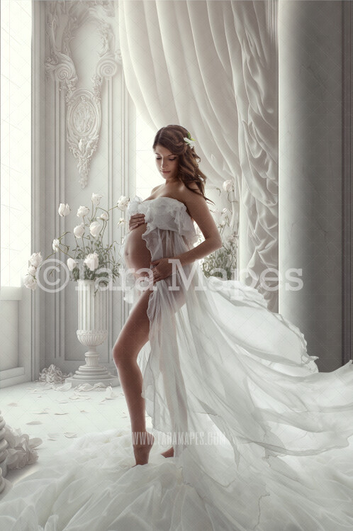 White Room Digital Backdrop - White Room with Pillars and Curtains- White Room with White Roses - White Room with Windows - Wedding   Maternity Digital Background JPG