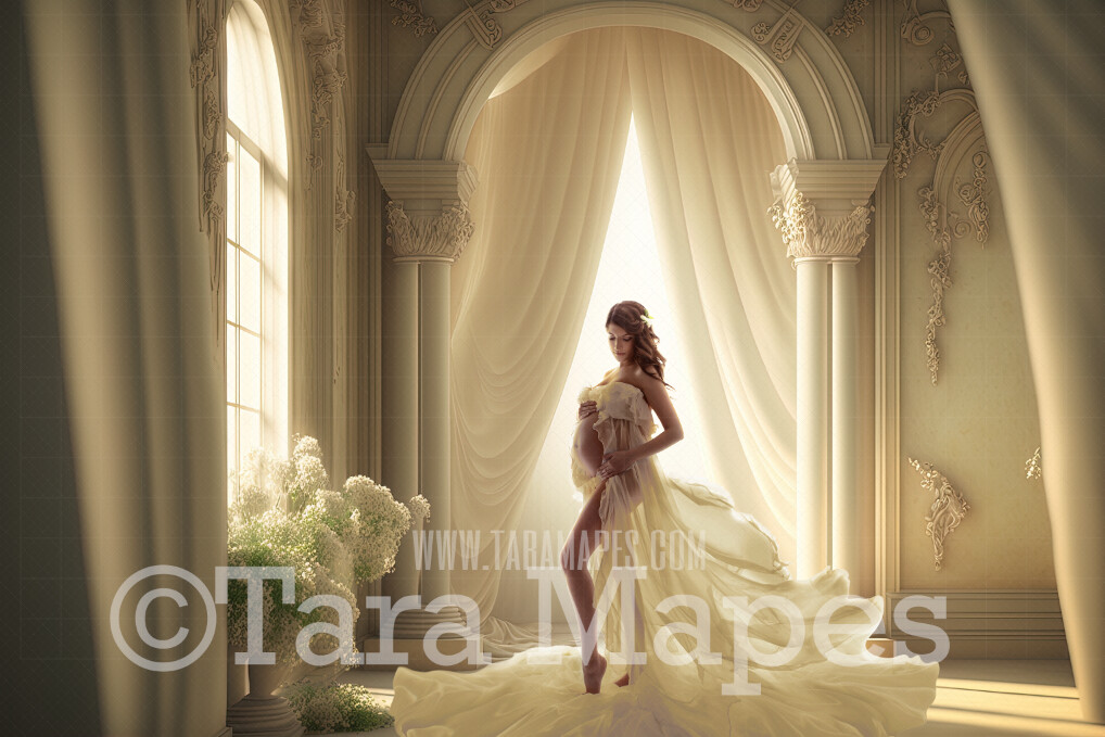 Ivory Room Digital Backdrop - Ivory White Room with Pillars and Curtains- White Room with  Roses - Ivory Room with Windows Digital Background JPG