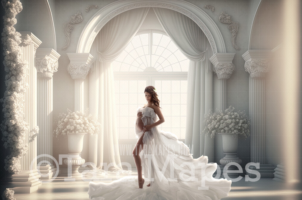 White Room Digital Backdrop - White Room with Pillars and Curtains- White Room with White Roses - White Room with Windows Digital Background JPG