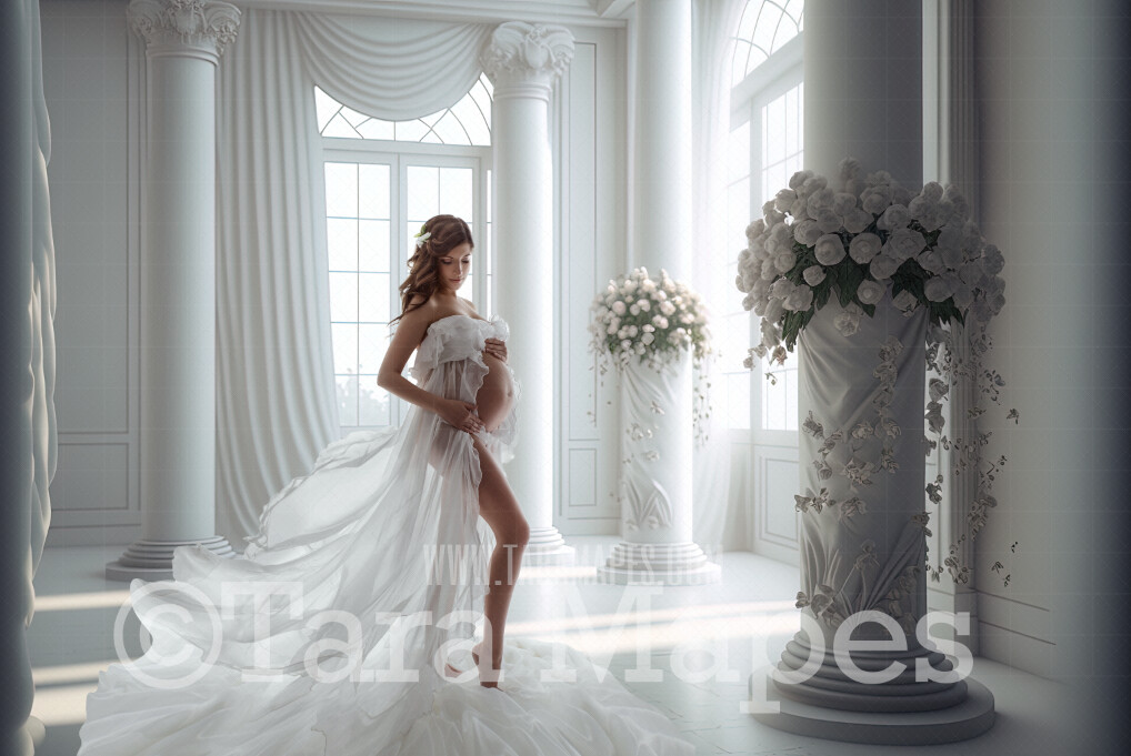 White Room Digital Backdrop - White Room with Pillars and Curtains- White Room with White Roses - White Room with Windows Digital Background JPG