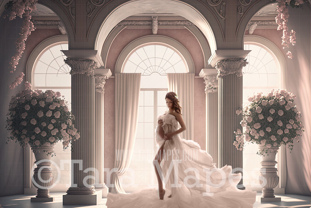 White and Pink Room Digital Backdrop - White and Pink Room with Pillars and Curtains- White Room with Roses - White Room with Windows Digital Background JPG