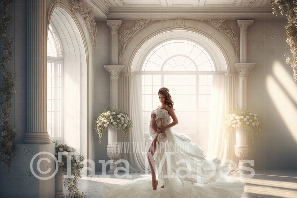 White Room Digital Backdrop - White Room with Pillars and Curtains- White Room with White Roses - White Room with Windows Digital Background JPG