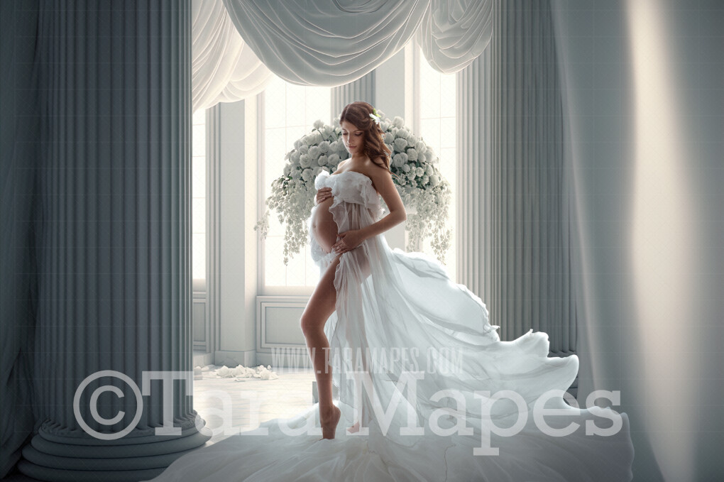 White Room Digital Backdrop - White Room with Pillars and Curtains- White Room with White Roses - White Room with Windows Digital Background JPG