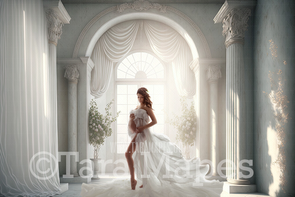 White Room Digital Backdrop - White Room with Pillars and Curtains- White Room with White Roses - White Room with Windows Digital Background JPG