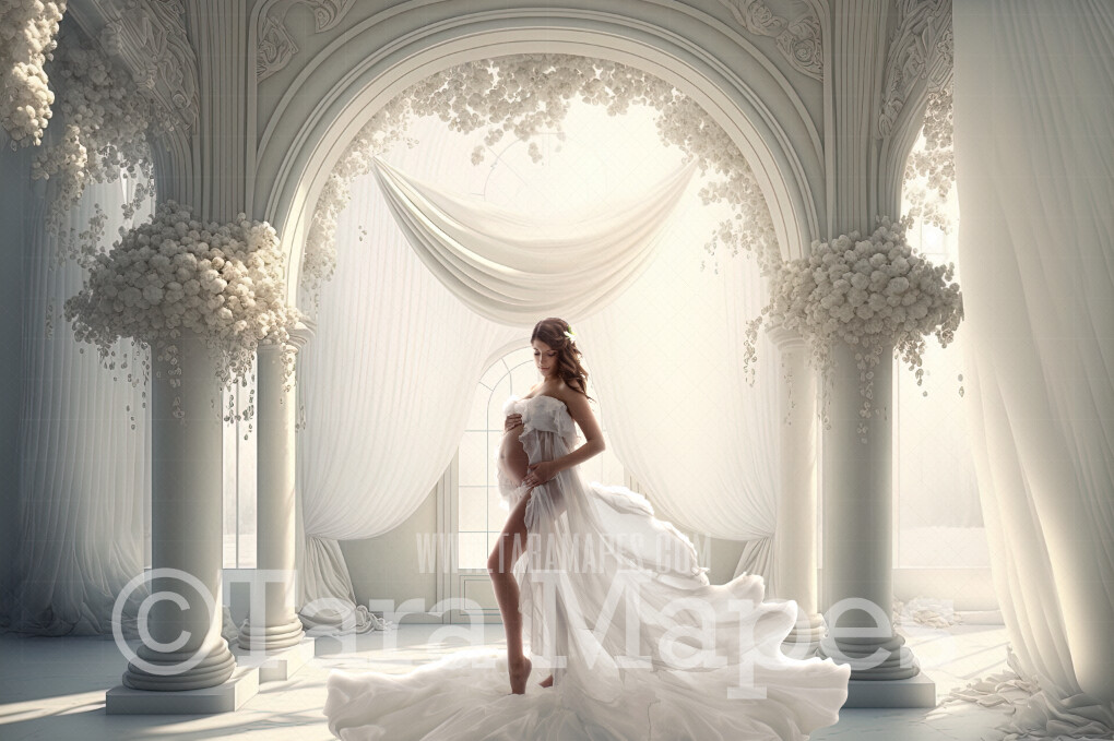 White Room Digital Backdrop - White Room with Pillars and Curtains- White Room with White Roses - White Room with Windows Digital Background JPG