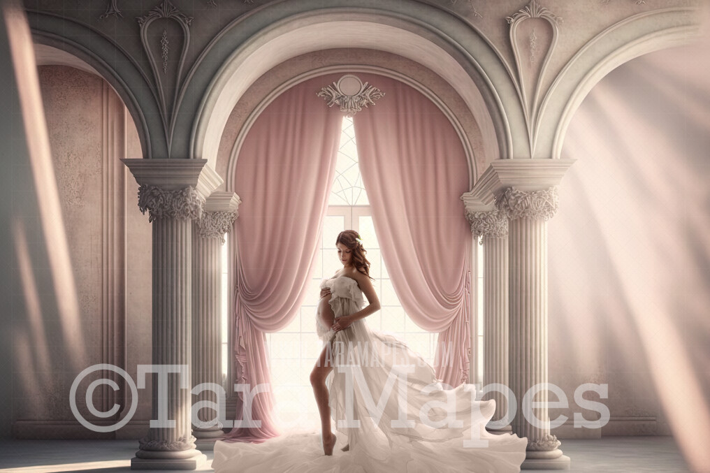 White and Pink Room Digital Backdrop - White and Pink Room with Pillars and Curtains- White Room with Roses - White Room with Windows Digital Background JPG