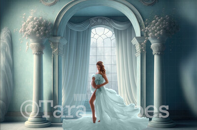 White and Blue Room Digital Backdrop - White and Blue Room with Pillars and Curtains- White Room with Roses - White Room with Windows Digital Background JPG