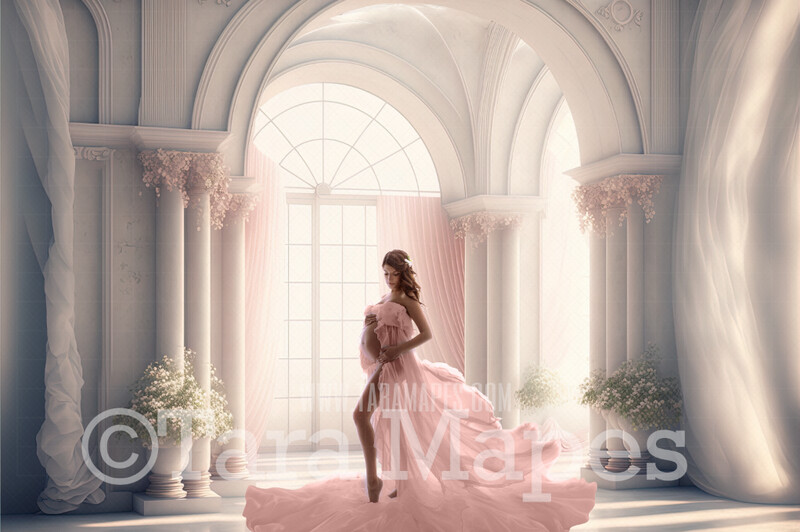 White and Pink Room Digital Backdrop - White and Pink Room with Pillars and Curtains- White Room with Roses - White Room with Windows Digital Background JPG