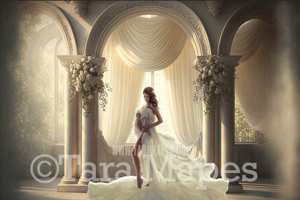 Ivory Room Digital Backdrop - Ivory White Room with Pillars and Curtains- White Room with  Roses - Ivory Room with Windows Digital Background JPG