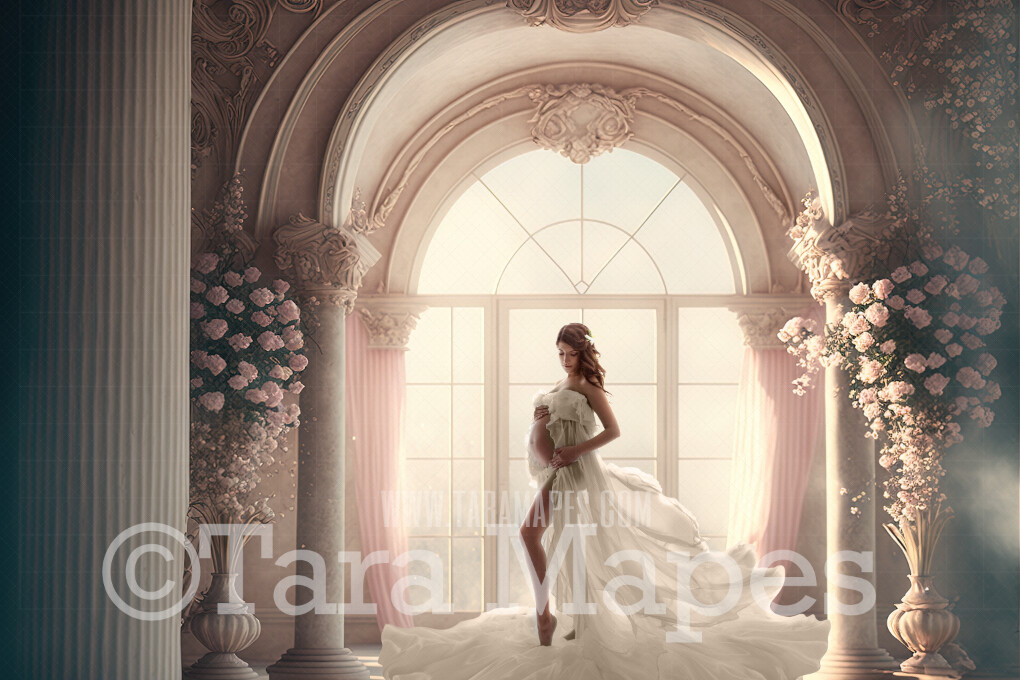 White and Pink Room Digital Backdrop - White and Pink Room with Pillars and Curtains- White Room with Roses - White Room with Windows Digital Background JPG