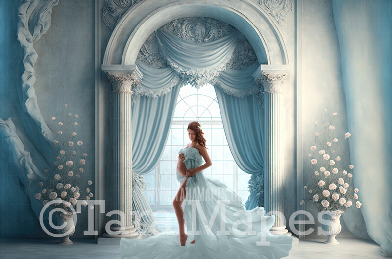 White and Blue Room Digital Backdrop - White and Blue Room with Pillars and Curtains- White Room with Roses - White Room with Windows Digital Background JPG