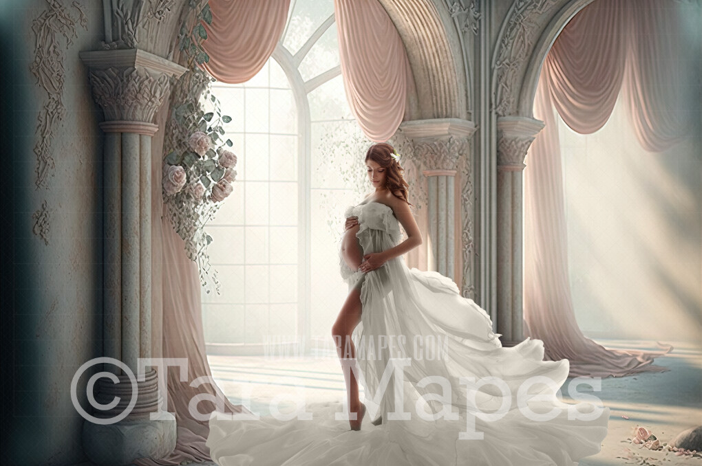 White and Pink Room Digital Backdrop - White and Pink Room with Pillars and Curtains- White Room with Roses - White Room with Windows Digital Background JPG