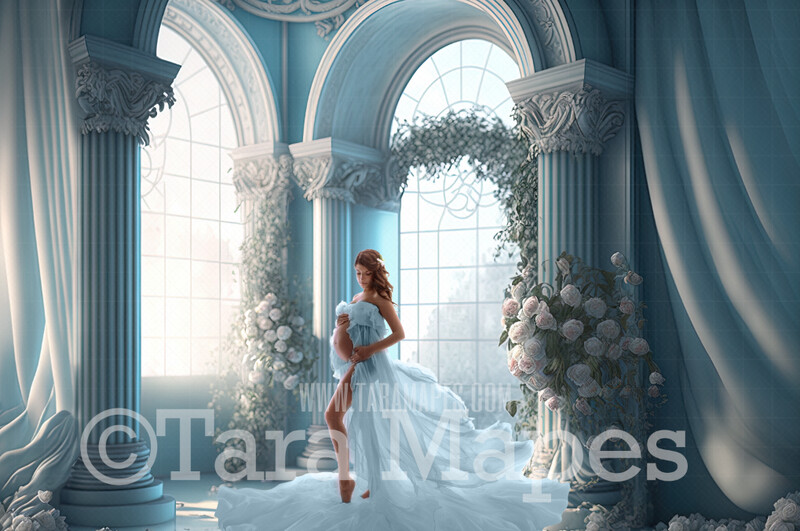 White and Blue Room Digital Backdrop - White and Blue Room with Pillars and Curtains- White Room with Roses - White Room with Windows Digital Background JPG