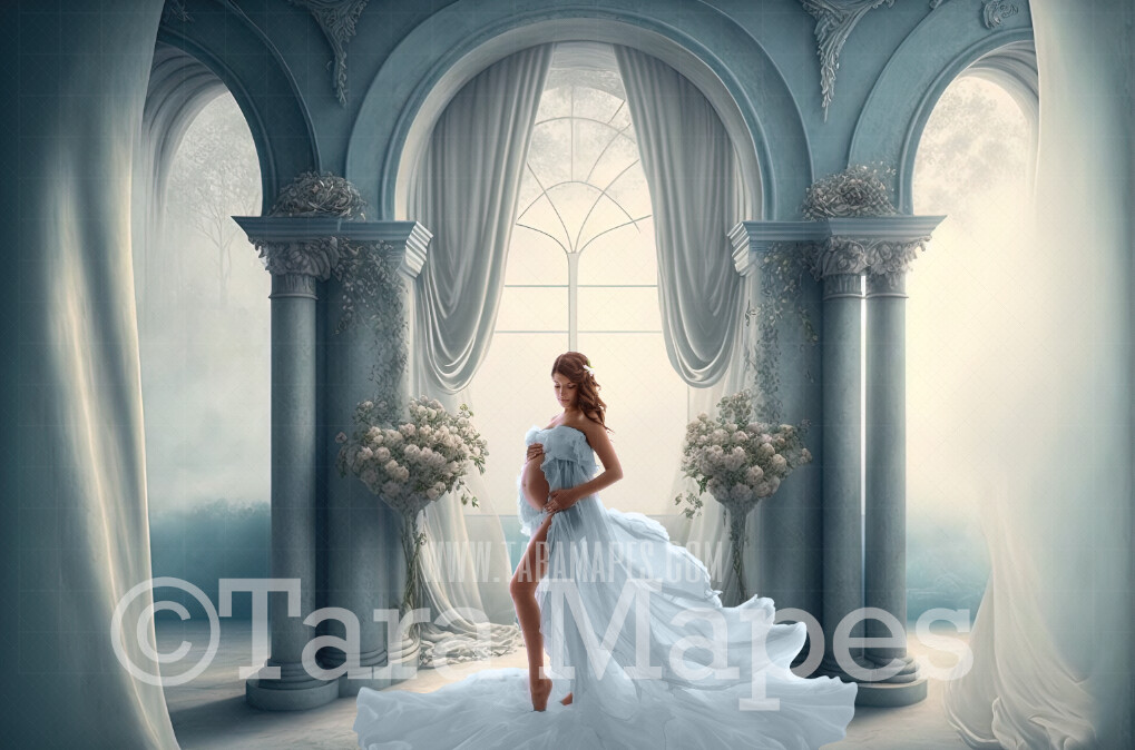 White and Blue Room Digital Backdrop - White and Blue Room with Pillars and Curtains- White Room with Roses - White Room with Windows Digital Background JPG