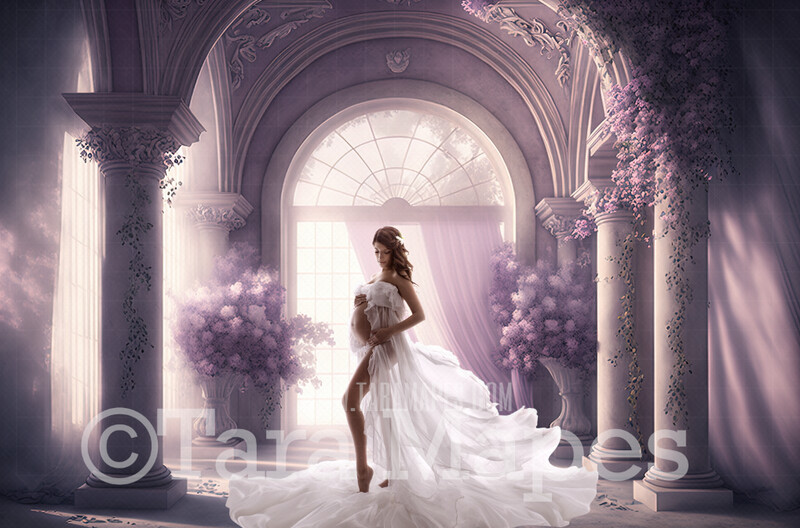 White and Lavender Room Digital Backdrop - White and Lilac Room with Pillars and Curtains- White and Purple Room with Flowers - White Room with Windows -  Digital Background JPG