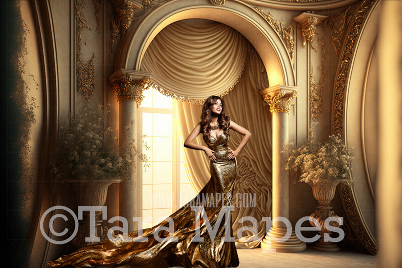Gold Ornate Room Digital Backdrop - Gold Room with Pillars and Curtains- Dramatic Gold Room with Flowers -  Digital Background JPG