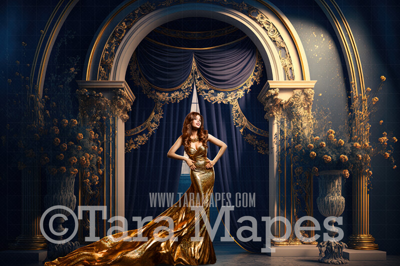 Gold and Navy Blue Ornate Room Digital Backdrop - Navy Blue and Gold Room with Pillars and Curtains- Dramatic Gold and Blue Room with Flowers -  Digital Background JPG
