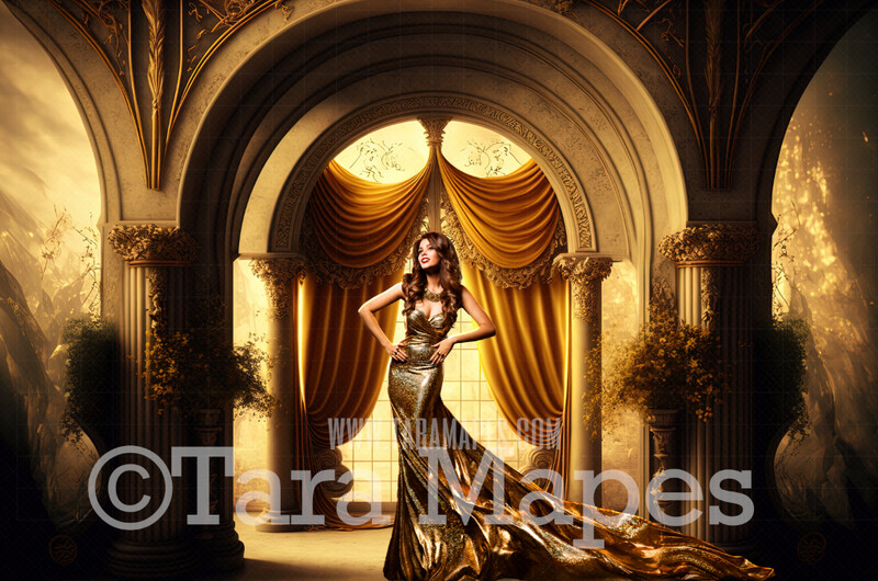 Gold Ornate Room Digital Backdrop - Gold Room with Pillars and Curtains- Dramatic Gold Room with Flowers -  Digital Background JPG