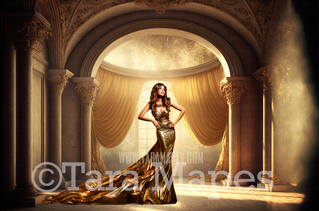 Gold Ornate Room Digital Backdrop - Gold Room with Pillars and Curtains- Dramatic Gold Room - Digital Background JPG