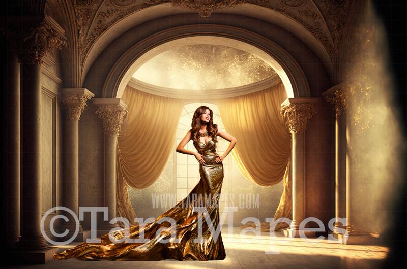 Gold Ornate Room Digital Backdrop - Gold Room with Pillars and Curtains- Dramatic Gold Room  -  Digital Background JPG