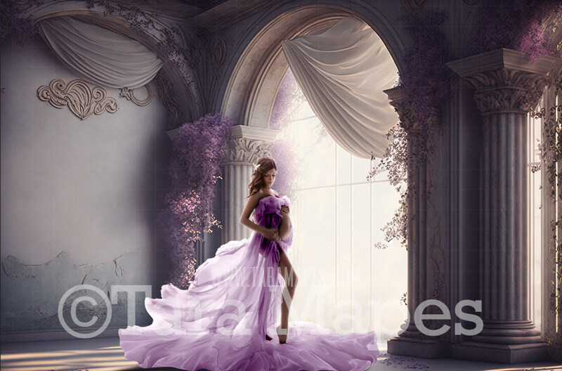 White and Violet Room Digital Backdrop - White and Lilac Room with Pillars and Curtains- White and Purple Room with Flowers - White Room with Windows -  Digital Background JPG