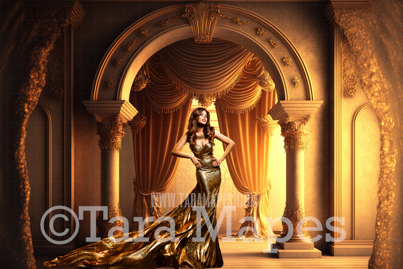 Gold Ornate Room Digital Backdrop - Gold Room with Pillars and Curtains- Dramatic Gold Room  -  Digital Background JPG