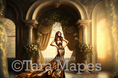 Gold Ornate Room Digital Backdrop - Gold Room with Pillars and Curtains- Dramatic Gold Room  -  Digital Background JPG