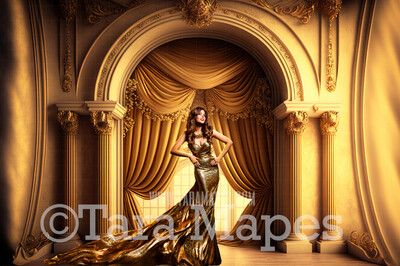 Gold Ornate Room Digital Backdrop - Gold Room with Pillars and Curtains- Dramatic Gold Room  -  Digital Background JPG