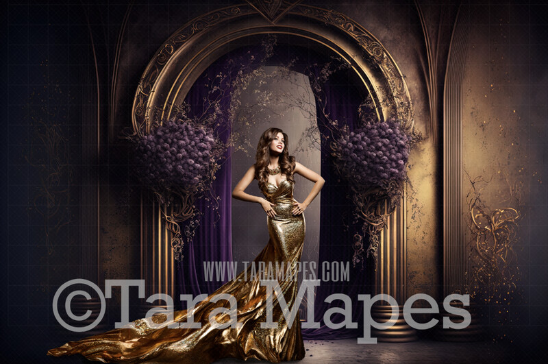 Gold and Purple Ornate Room Digital Backdrop - Purple and Gold Room with Pillars and Curtains- Dramatic Room with Flowers -  Digital Background JPG