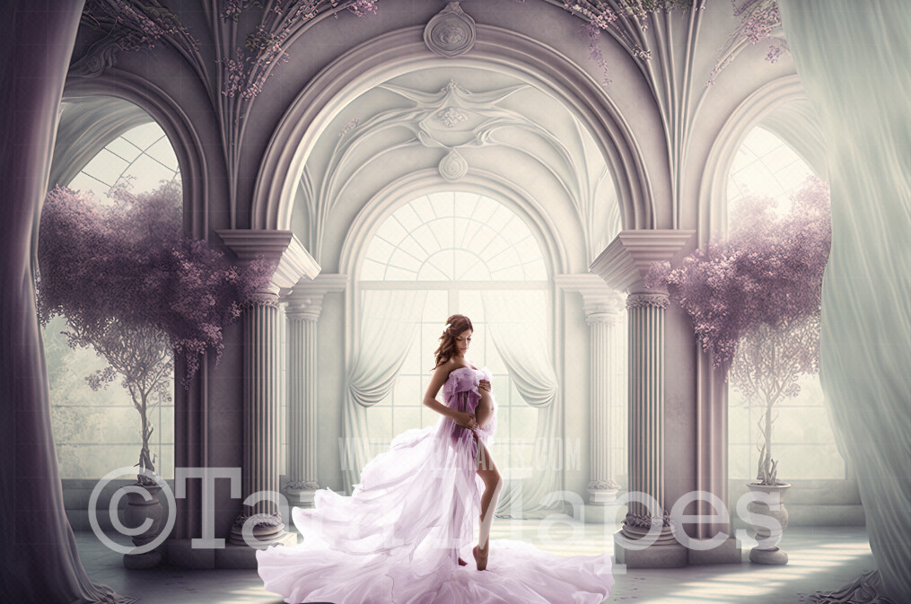 White and Lavender Room Digital Backdrop - White and Lilac Room with Pillars and Curtains- White and Purple Room with Flowers - White Room with Windows - Digital Background JPG