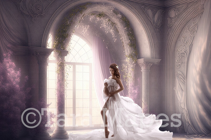 White and Lavender Room Digital Backdrop - White and Lilac Room with Pillars and Curtains- White and Purple Room with Flowers - White Room with Windows -  Digital Background JPG