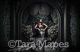 Black Ornate Room Digital Backdrop - Dark Room with Pillars and Curtains- Black and Silver Dramatic Room -  Digital Background JPG